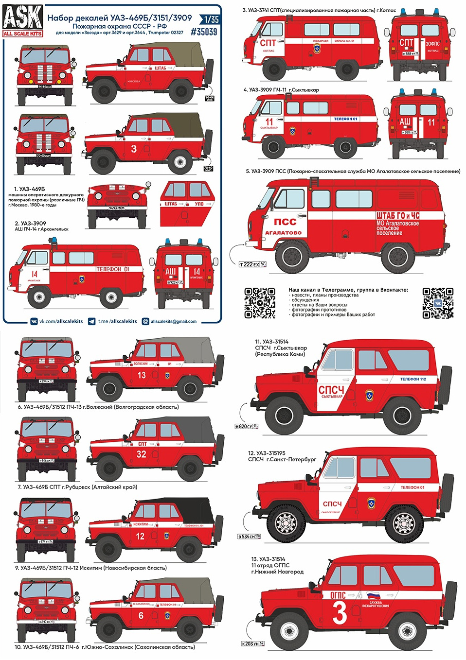 1/35 Набор декалей УАЗ-469Б/ 3151/ 3909. Пожарная охрана СССР-РФ (ASK,  35039) - МурманХобби
