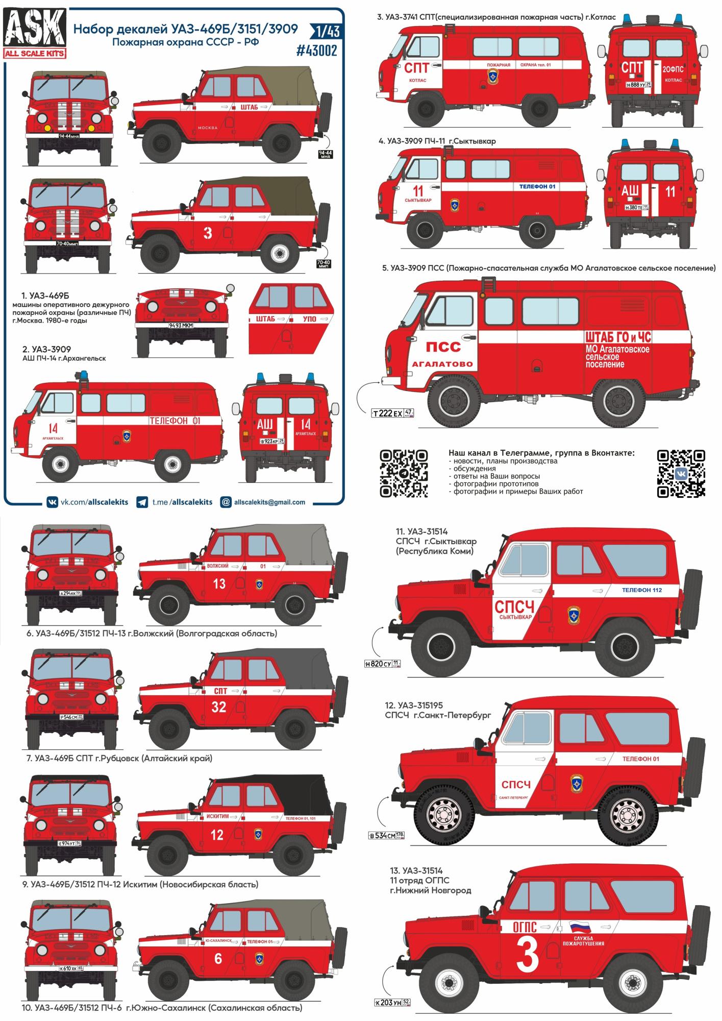 1/43 Набор декалей УАЗ-469Б/ 3151/ 3909. Пожарная охрана СССР-РФ (ASK,  43002) - МурманХобби
